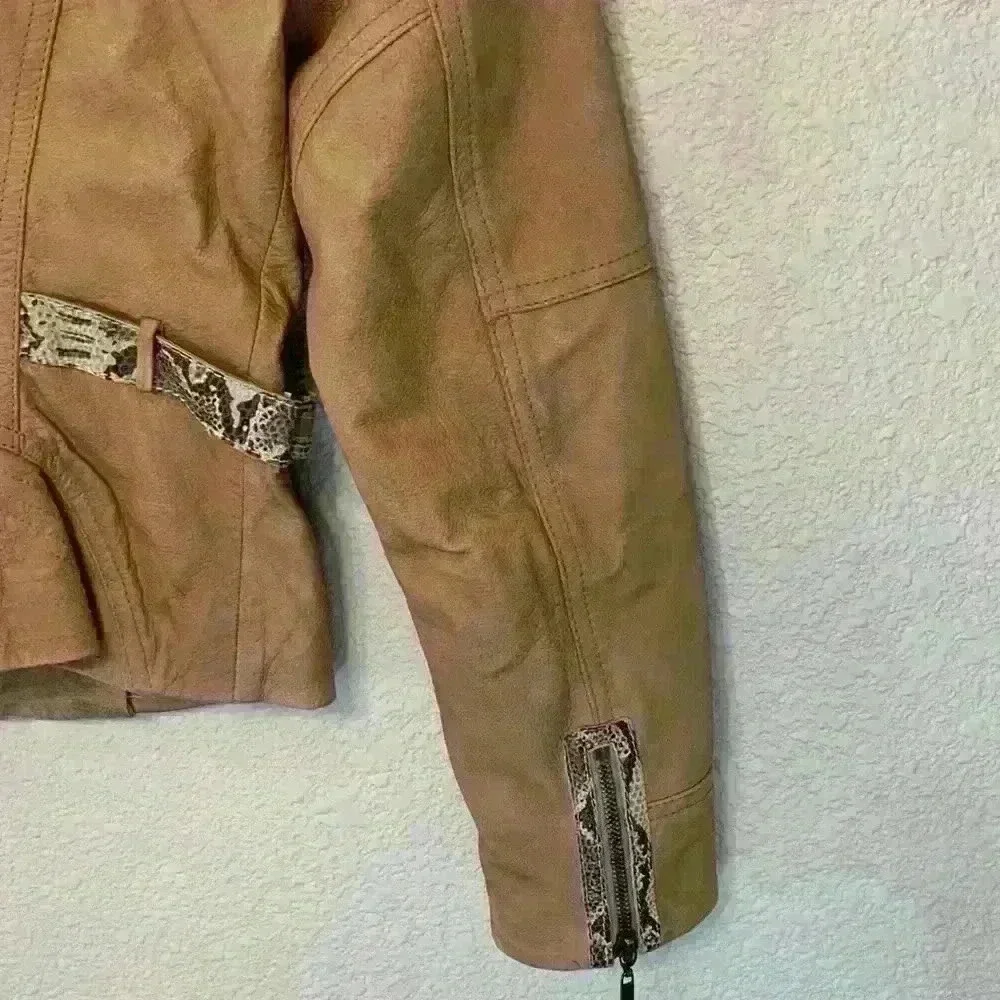 Etcetera tan leather snakeskin jacket sz 2 preppy moto 90s fall winter *flaw - Picture 10 of 13